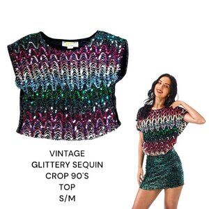 VINTAGE 90'S PASTEL COLORFUL SEQUIN GLITTERY CROP‎ TOP BLOUSE S/M